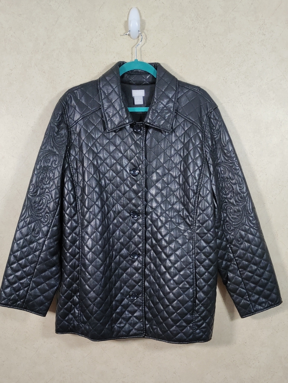 J140 Chico's Black Quilted Faux Leather Button Jacket 4 XXL NEW